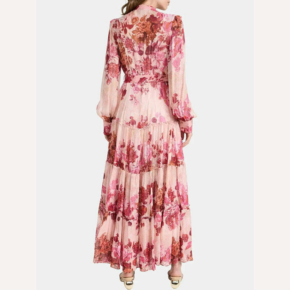 KIMLUD, VGH Patchwork Lace Up Printing Vintage Dresses For Women Round Neck Long Sleeve High Waist Spliced Button Elegant Dress Female, KIMLUD Womens Clothes