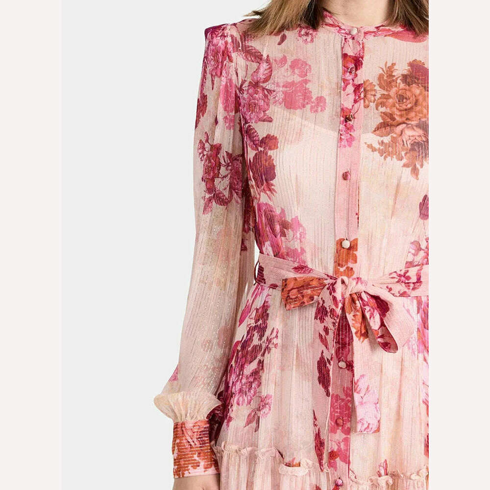 KIMLUD, VGH Patchwork Lace Up Printing Vintage Dresses For Women Round Neck Long Sleeve High Waist Spliced Button Elegant Dress Female, KIMLUD Womens Clothes