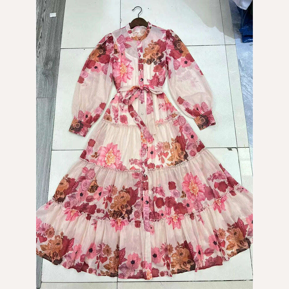 KIMLUD, VGH Patchwork Lace Up Printing Vintage Dresses For Women Round Neck Long Sleeve High Waist Spliced Button Elegant Dress Female, KIMLUD Womens Clothes