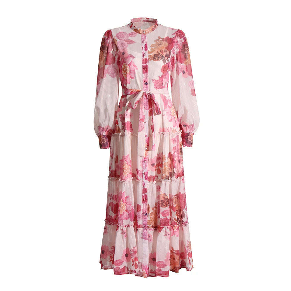 KIMLUD, VGH Patchwork Lace Up Printing Vintage Dresses For Women Round Neck Long Sleeve High Waist Spliced Button Elegant Dress Female, KIMLUD Womens Clothes