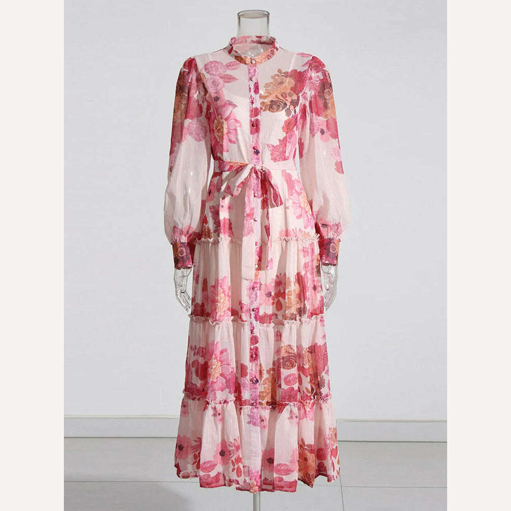 KIMLUD, VGH Patchwork Lace Up Printing Vintage Dresses For Women Round Neck Long Sleeve High Waist Spliced Button Elegant Dress Female, KIMLUD Womens Clothes
