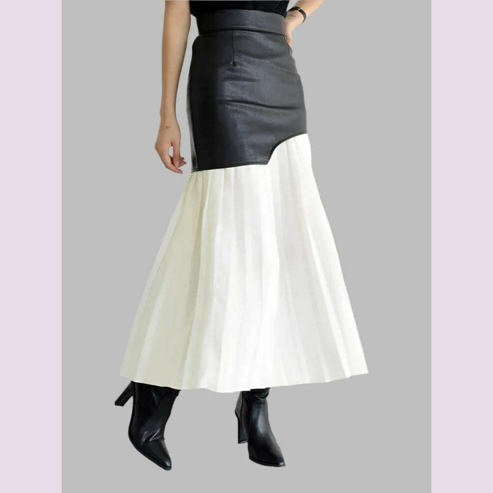 KIMLUD, VGH Patchwork Leather Elegant Slimming Skirts For Women High Waist Bodycon Colorblock Temperament Skirt Female Fashion Clothing, KIMLUD Womens Clothes