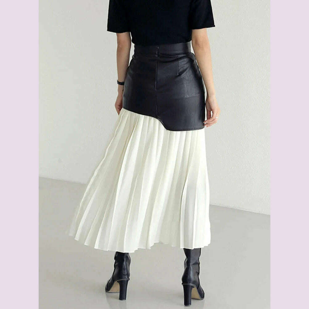 KIMLUD, VGH Patchwork Leather Elegant Slimming Skirts For Women High Waist Bodycon Colorblock Temperament Skirt Female Fashion Clothing, KIMLUD Womens Clothes
