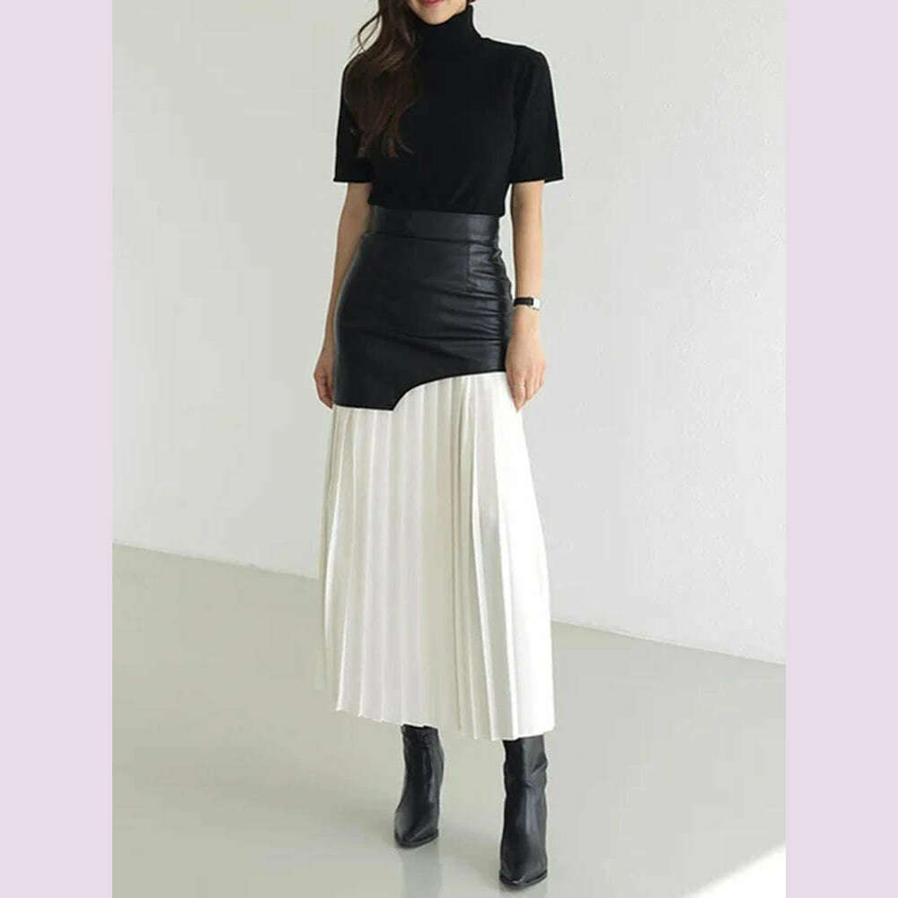 KIMLUD, VGH Patchwork Leather Elegant Slimming Skirts For Women High Waist Bodycon Colorblock Temperament Skirt Female Fashion Clothing, KIMLUD Womens Clothes