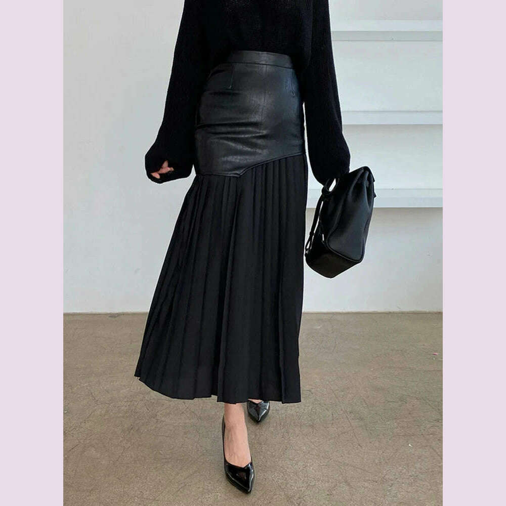 KIMLUD, VGH Patchwork Leather Elegant Slimming Skirts For Women High Waist Bodycon Colorblock Temperament Skirt Female Fashion Clothing, KIMLUD Womens Clothes