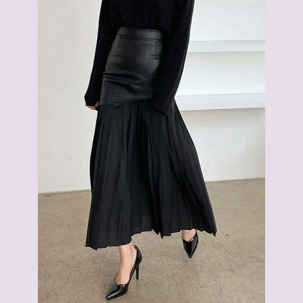 KIMLUD, VGH Patchwork Leather Elegant Slimming Skirts For Women High Waist Bodycon Colorblock Temperament Skirt Female Fashion Clothing, KIMLUD Womens Clothes