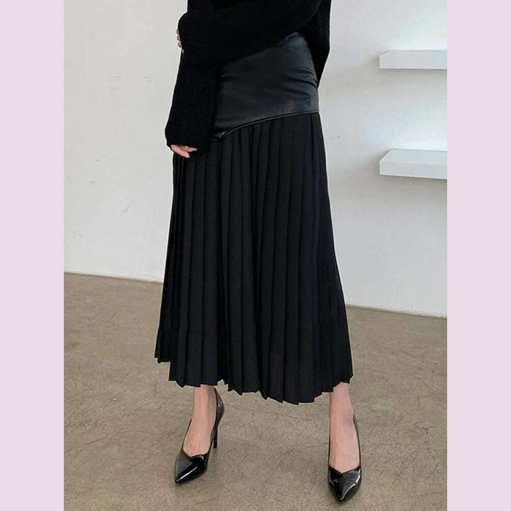 KIMLUD, VGH Patchwork Leather Elegant Slimming Skirts For Women High Waist Bodycon Colorblock Temperament Skirt Female Fashion Clothing, KIMLUD Womens Clothes