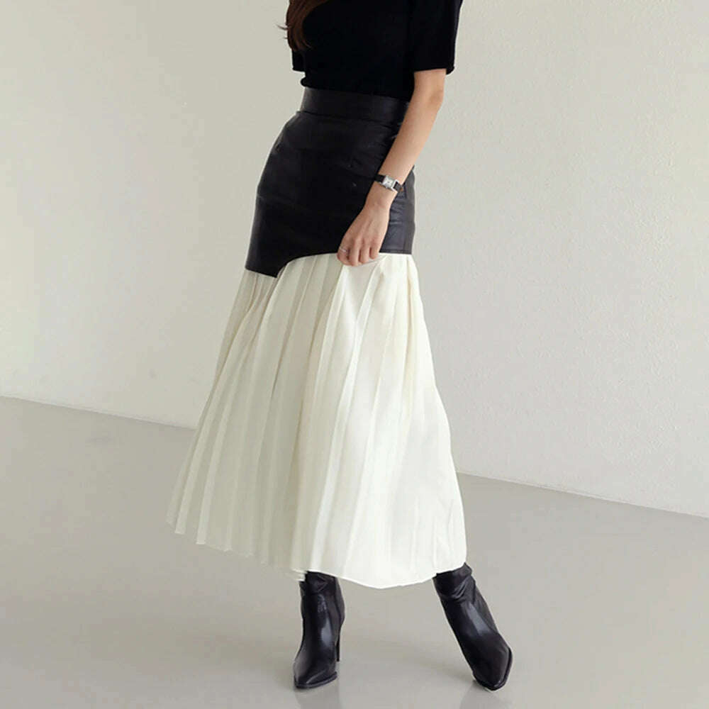 KIMLUD, VGH Patchwork Leather Elegant Slimming Skirts For Women High Waist Bodycon Colorblock Temperament Skirt Female Fashion Clothing, WHITE / S, KIMLUD APPAREL - Womens Clothes