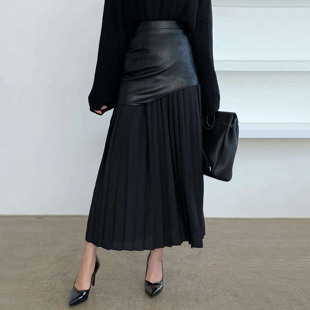 KIMLUD, VGH Patchwork Leather Elegant Slimming Skirts For Women High Waist Bodycon Colorblock Temperament Skirt Female Fashion Clothing, BLACK / M, KIMLUD APPAREL - Womens Clothes