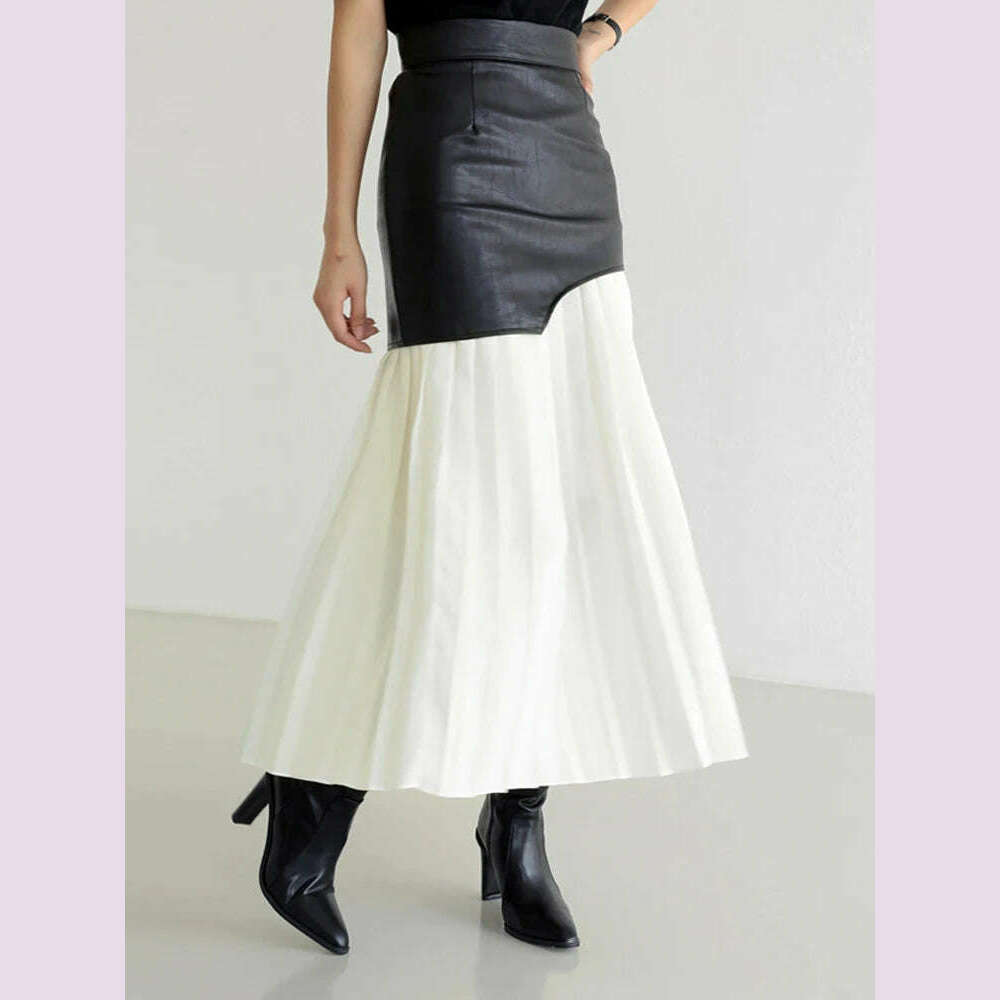 KIMLUD, VGH Patchwork Leather Elegant Slimming Skirts For Women High Waist Bodycon Colorblock Temperament Skirt Female Fashion Clothing, KIMLUD Womens Clothes