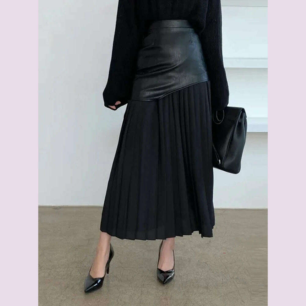 KIMLUD, VGH Patchwork Leather Elegant Slimming Skirts For Women High Waist Bodycon Colorblock Temperament Skirt Female Fashion Clothing, KIMLUD Womens Clothes