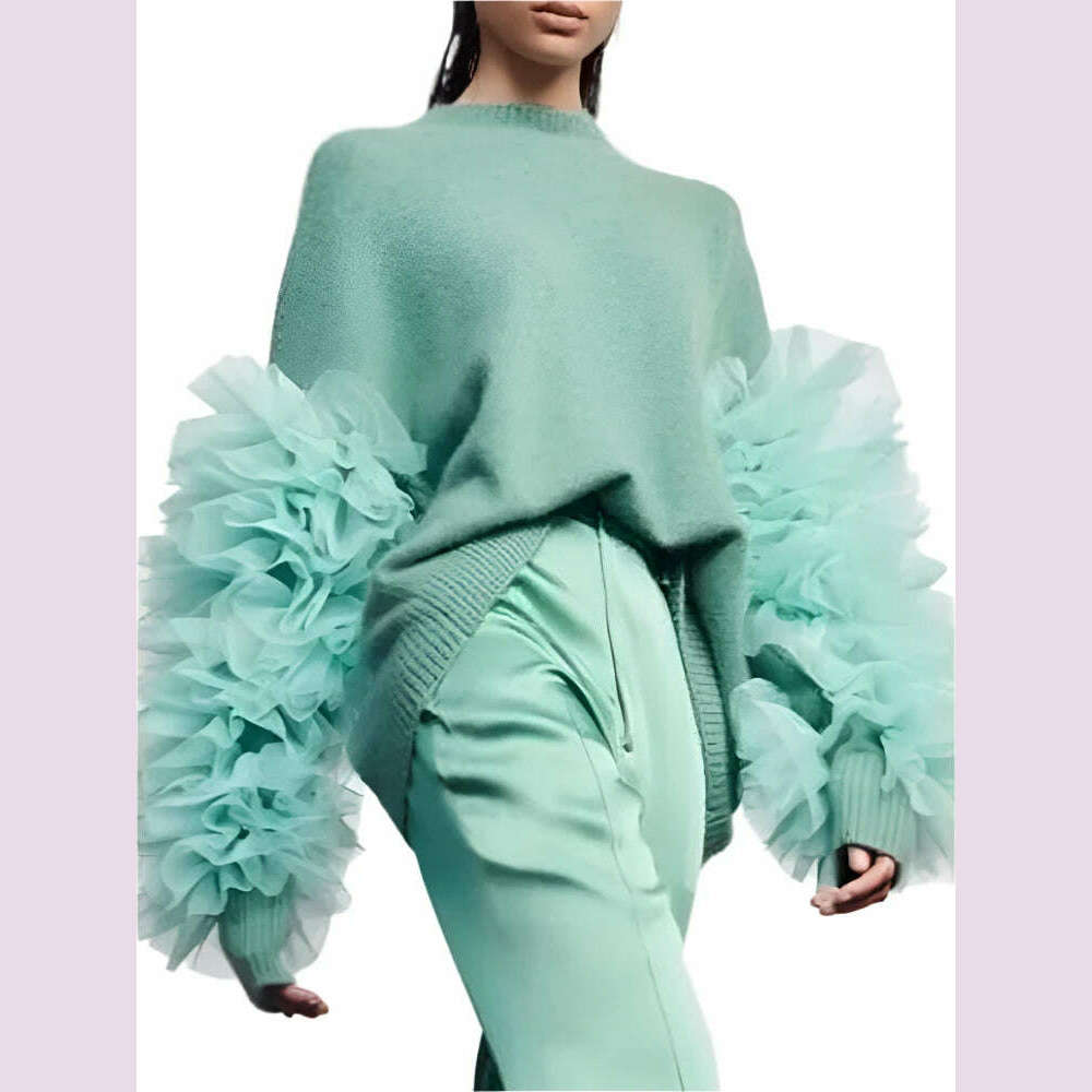 KIMLUD, VGH Patchwork Mesh Knitting Sweaters For Women Round Neck Long Sleeve Colorblock Casual Loose Pullover Sweater Female Fashion, Lakeblue / One Size, KIMLUD APPAREL - Womens Clothes