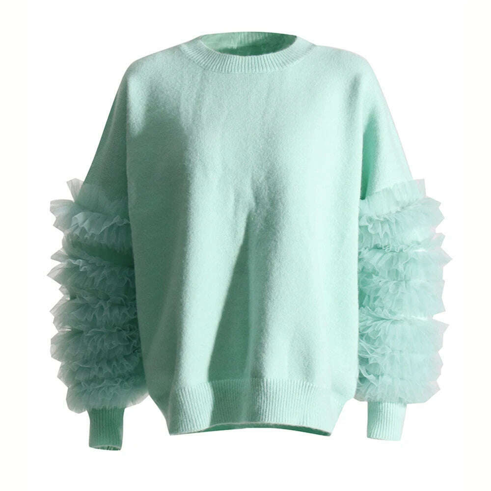 KIMLUD, VGH Patchwork Mesh Knitting Sweaters For Women Round Neck Long Sleeve Colorblock Casual Loose Pullover Sweater Female Fashion, KIMLUD Womens Clothes