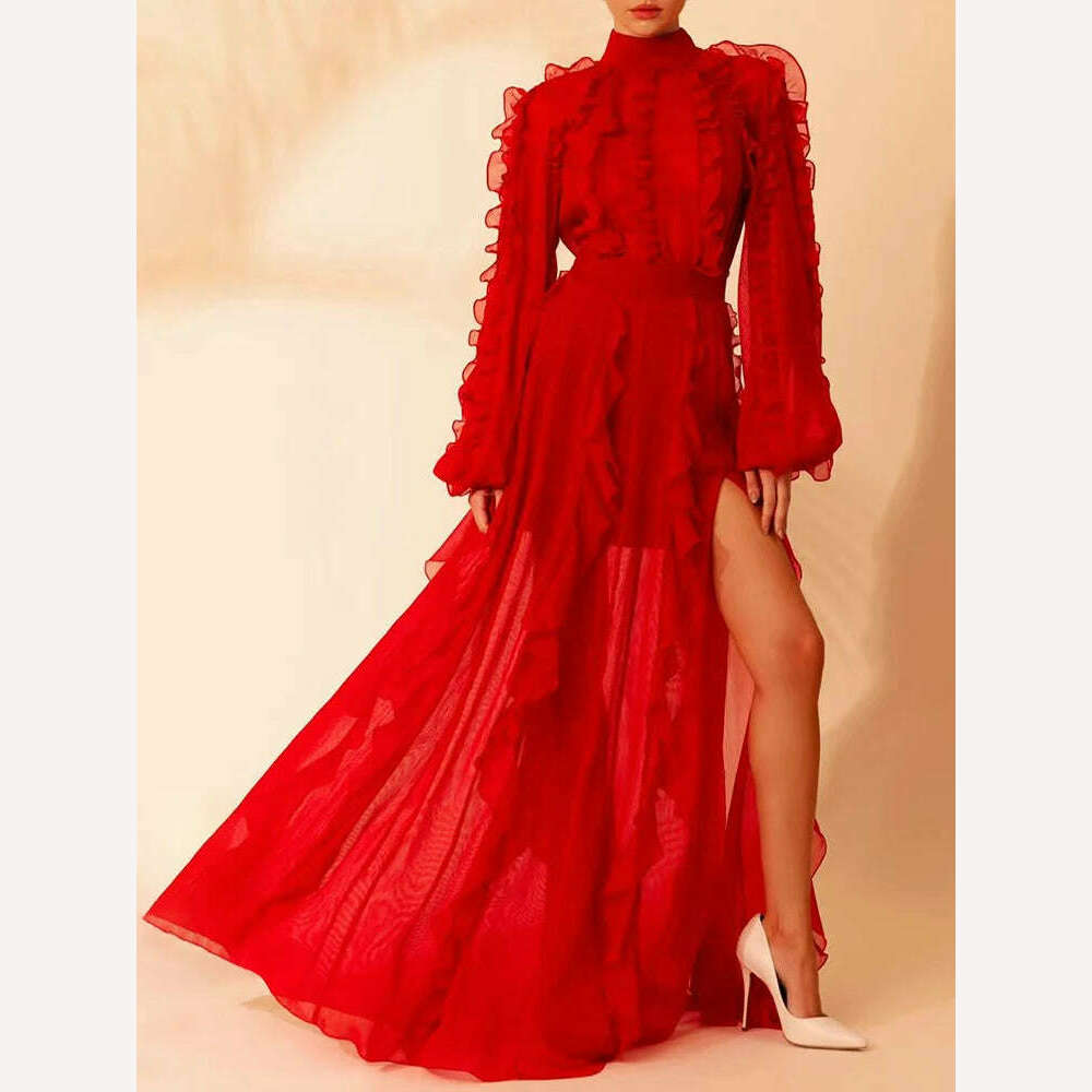 VGH Patchwork Mesh Two Piece Set For Women Stand Collar Lantern Sleeve Top High Waist Split Thigh Skirt Elegant Sets Female New - KIMLUD