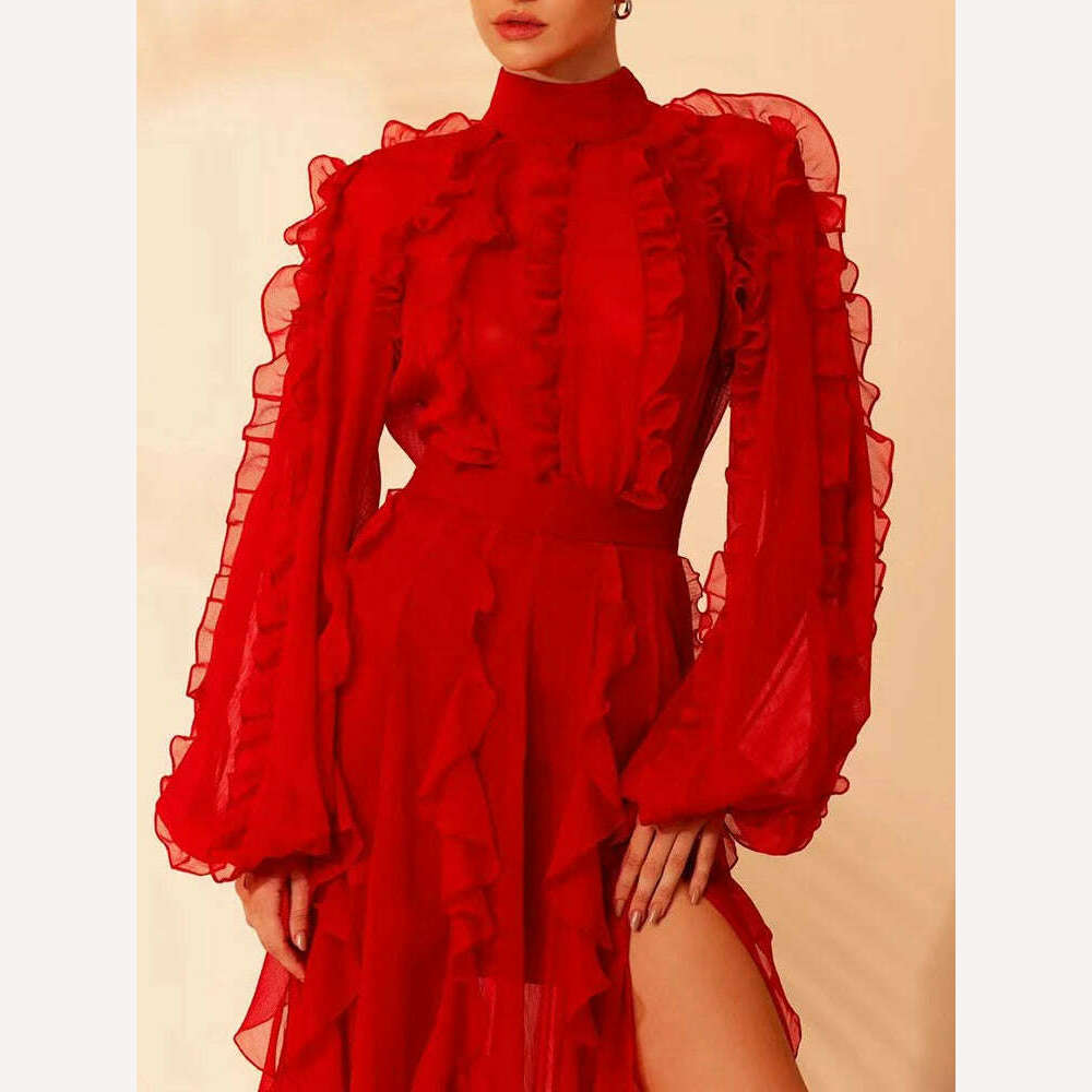 VGH Patchwork Mesh Two Piece Set For Women Stand Collar Lantern Sleeve Top High Waist Split Thigh Skirt Elegant Sets Female New - KIMLUD