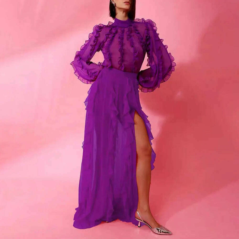 VGH Patchwork Mesh Two Piece Set For Women Stand Collar Lantern Sleeve Top High Waist Split Thigh Skirt Elegant Sets Female New - KIMLUD