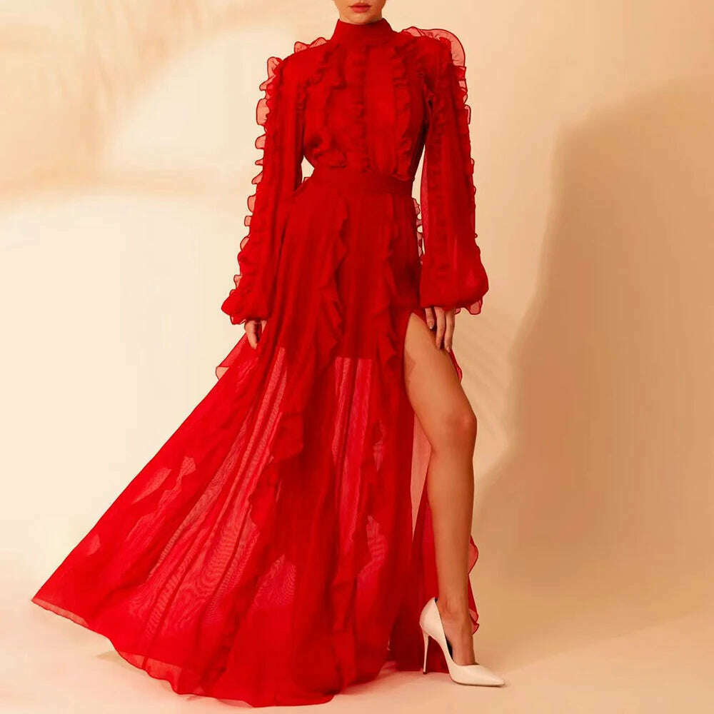 VGH Patchwork Mesh Two Piece Set For Women Stand Collar Lantern Sleeve Top High Waist Split Thigh Skirt Elegant Sets Female New - KIMLUD