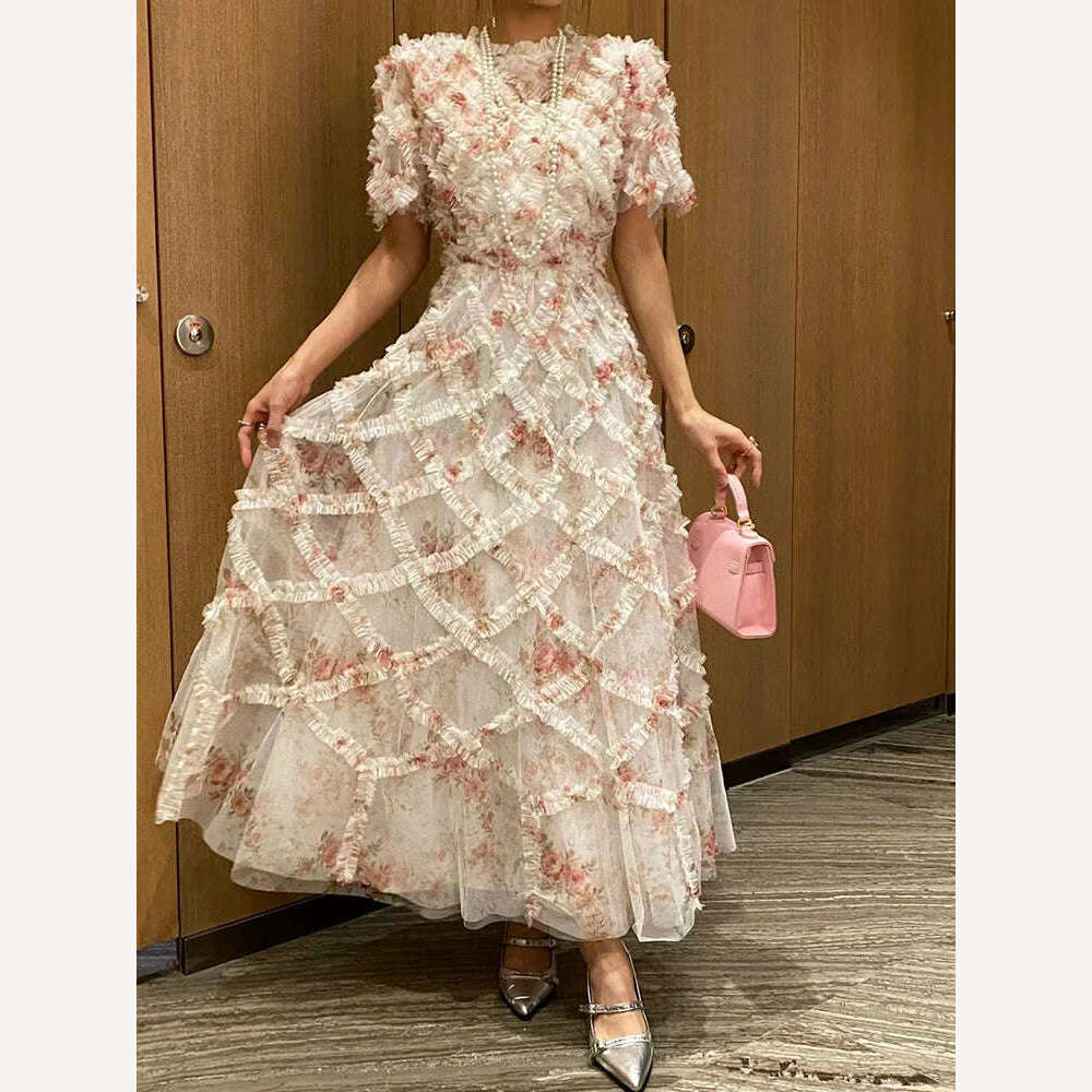 KIMLUD, VGH Patchwork Ruffles Casual Dresses For Women Round Neck Short Sleeve High Waist Spliced Sheer Mesh Dress Female Fashion Style, KIMLUD Womens Clothes