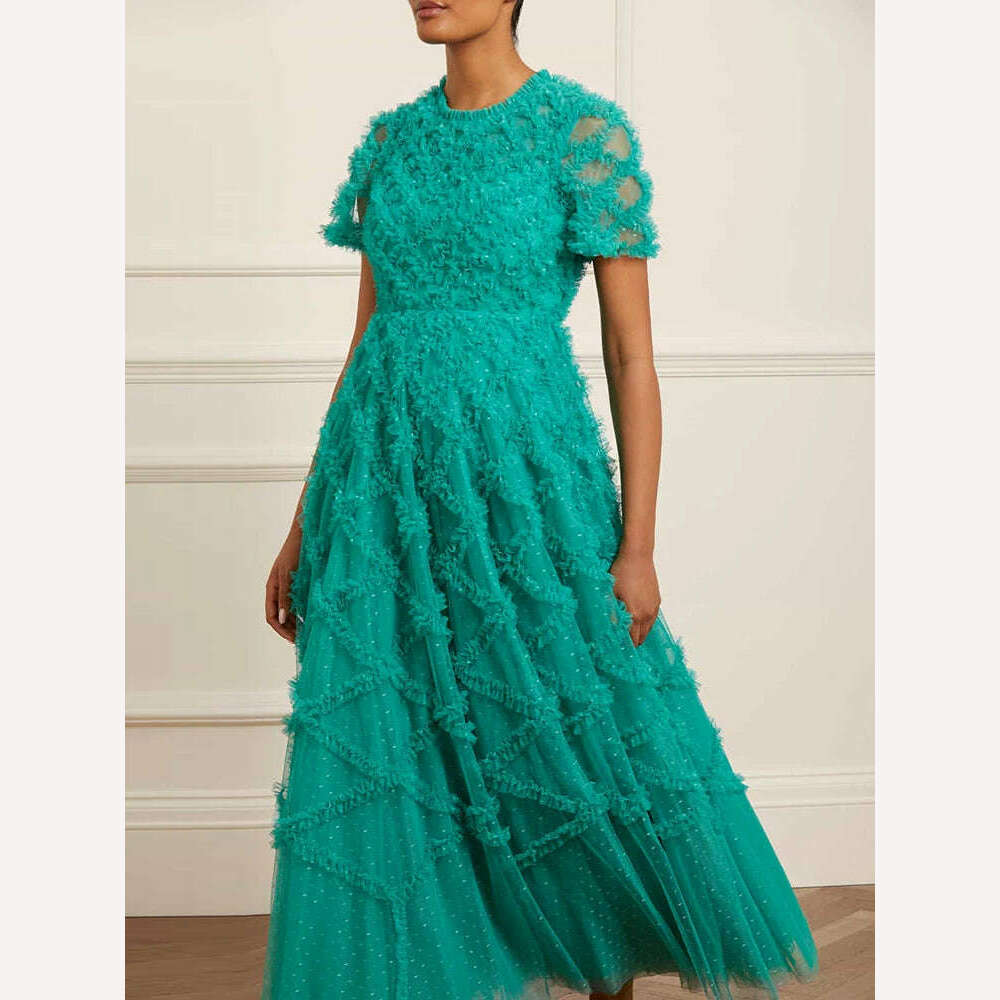 KIMLUD, VGH Patchwork Ruffles Casual Dresses For Women Round Neck Short Sleeve High Waist Spliced Sheer Mesh Dress Female Fashion Style, KIMLUD Womens Clothes