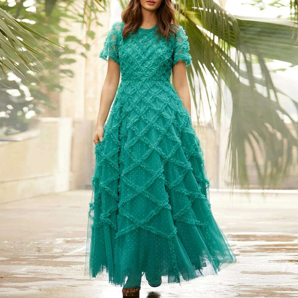 KIMLUD, VGH Patchwork Ruffles Casual Dresses For Women Round Neck Short Sleeve High Waist Spliced Sheer Mesh Dress Female Fashion Style, KIMLUD Womens ClothesKIMLUD, VGH Patchwork Ruffles Casual Dresses For Women Round Neck Short Sleeve High Waist Spliced Sheer Mesh Dress Female Fashion Style, GREEN / S, KIMLUD APPAREL - Womens Clothes