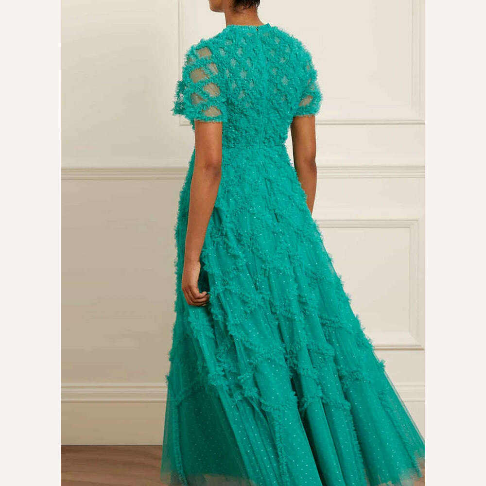 KIMLUD, VGH Patchwork Ruffles Casual Dresses For Women Round Neck Short Sleeve High Waist Spliced Sheer Mesh Dress Female Fashion Style, KIMLUD Womens Clothes