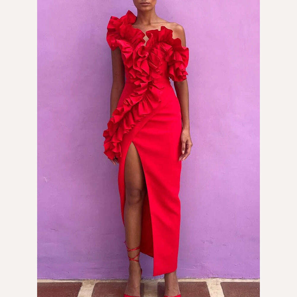 KIMLUD, VGH Patchwork Ruffles Solid Sexy Dresses For Women Irregular Collar Sleeveless High Waist Split Thigh Temperament Dress Female, KIMLUD Womens Clothes