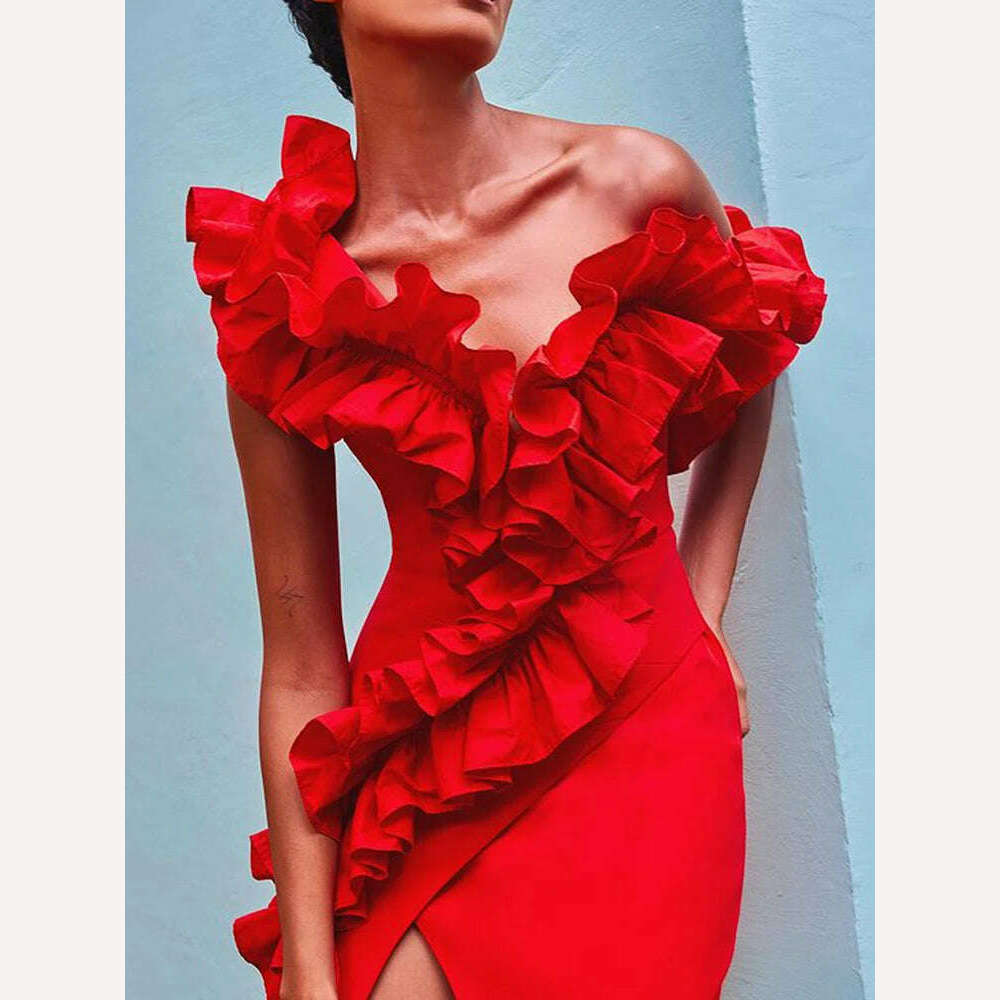 KIMLUD, VGH Patchwork Ruffles Solid Sexy Dresses For Women Irregular Collar Sleeveless High Waist Split Thigh Temperament Dress Female, KIMLUD Womens Clothes