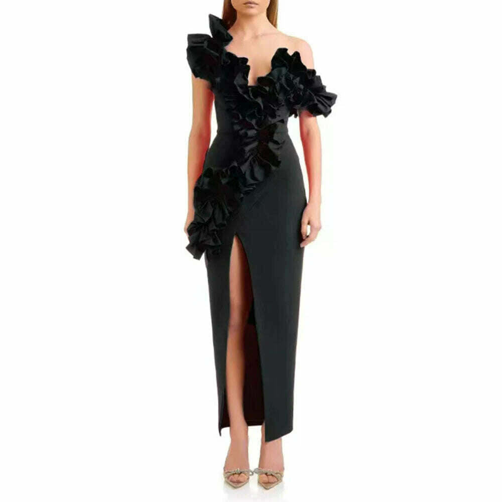 KIMLUD, VGH Patchwork Ruffles Solid Sexy Dresses For Women Irregular Collar Sleeveless High Waist Split Thigh Temperament Dress Female, BLACK / S, KIMLUD APPAREL - Womens Clothes