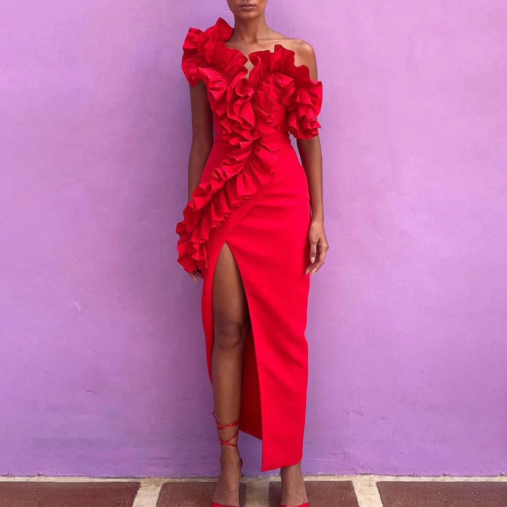 KIMLUD, VGH Patchwork Ruffles Solid Sexy Dresses For Women Irregular Collar Sleeveless High Waist Split Thigh Temperament Dress Female, RED / S, KIMLUD APPAREL - Womens Clothes