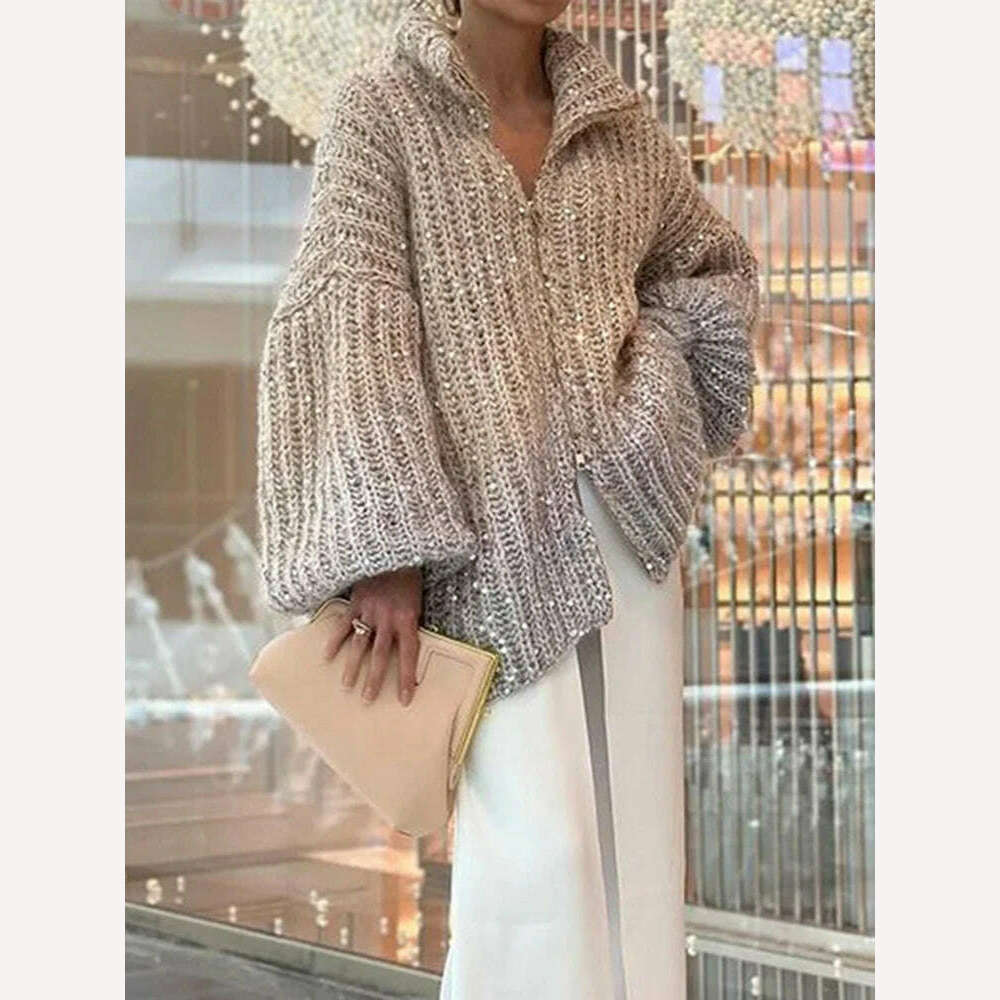 KIMLUD, VGH Patchwork Sequins Casual Knitting Sweaters For Women Stand Collar Lantern Sleeve Spliced Zipper Minimalist Cardigan Female, KIMLUD Womens Clothes