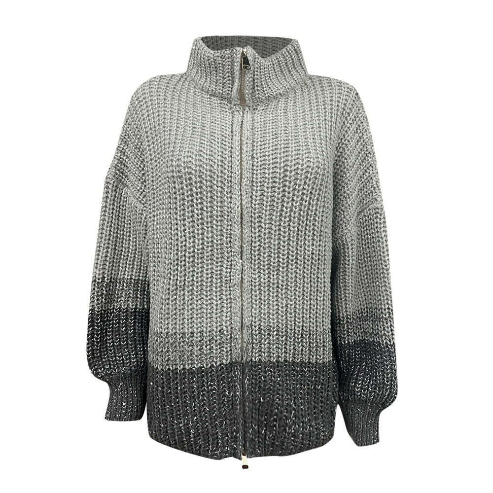 KIMLUD, VGH Patchwork Sequins Casual Knitting Sweaters For Women Stand Collar Lantern Sleeve Spliced Zipper Minimalist Cardigan Female, GRAY / S, KIMLUD Womens Clothes