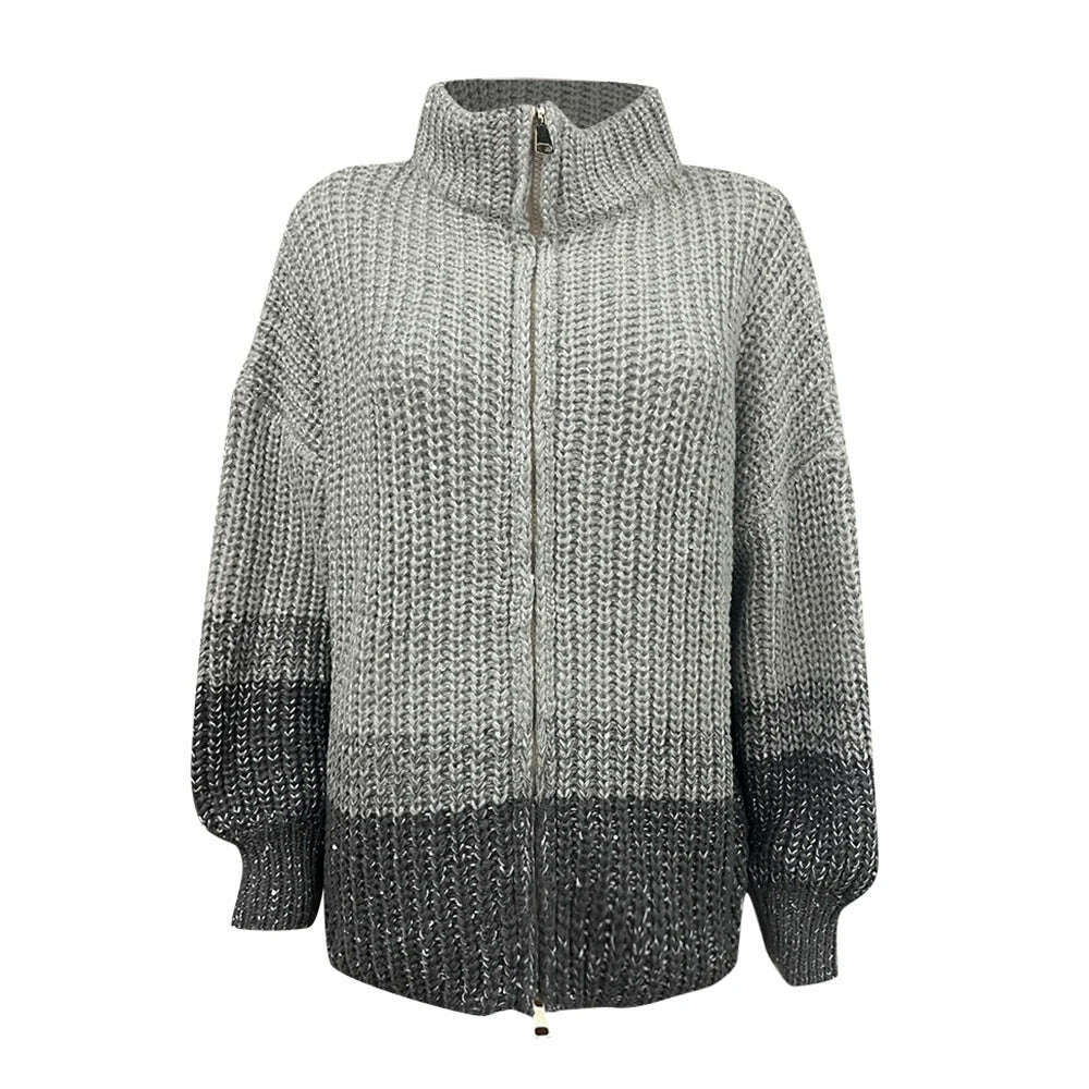 KIMLUD, VGH Patchwork Sequins Casual Knitting Sweaters For Women Stand Collar Lantern Sleeve Spliced Zipper Minimalist Cardigan Female, KIMLUD Womens ClothesKIMLUD, VGH Patchwork Sequins Casual Knitting Sweaters For Women Stand Collar Lantern Sleeve Spliced Zipper Minimalist Cardigan Female, GRAY / S, KIMLUD APPAREL - Womens Clothes