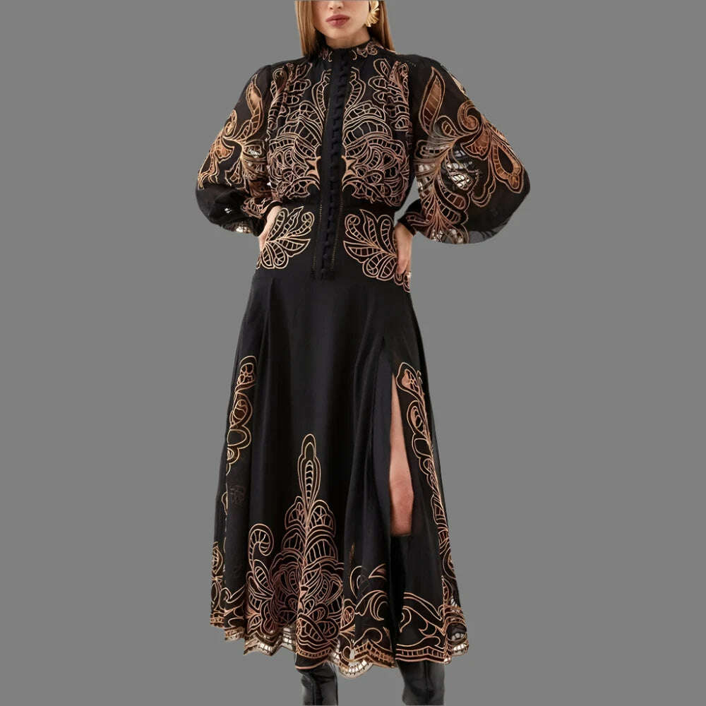 KIMLUD, VGH Patchwork Single Breasted Split Dress For Women Stand Collar Long Sleeve Hollow Out Hit Color Long Dresses Female Fashion, KIMLUD Womens Clothes