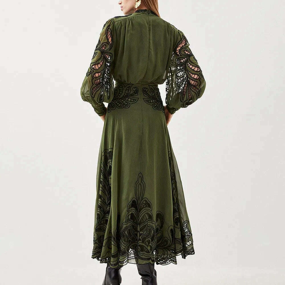 KIMLUD, VGH Patchwork Single Breasted Split Dress For Women Stand Collar Long Sleeve Hollow Out Hit Color Long Dresses Female Fashion, KIMLUD Womens Clothes