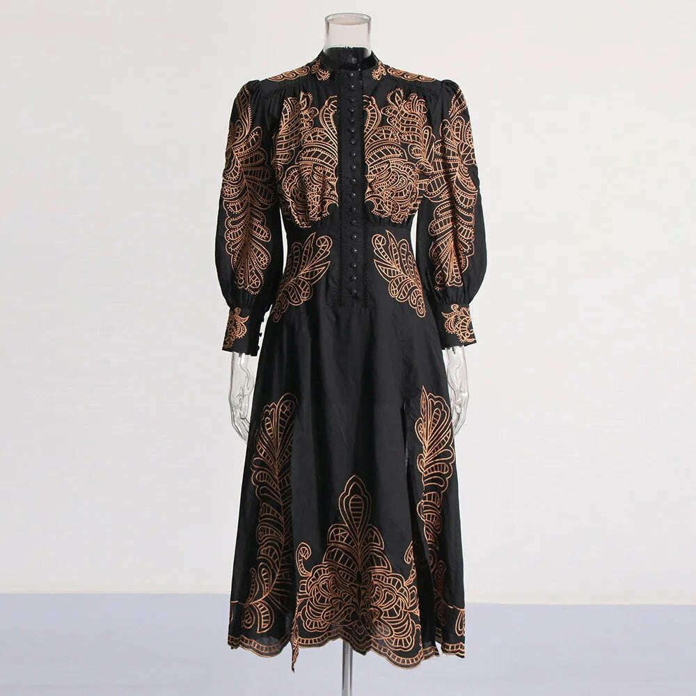 KIMLUD, VGH Patchwork Single Breasted Split Dress For Women Stand Collar Long Sleeve Hollow Out Hit Color Long Dresses Female Fashion, BLACK / XL, KIMLUD APPAREL - Womens Clothes