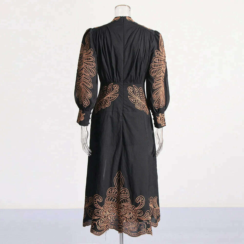 KIMLUD, VGH Patchwork Single Breasted Split Dress For Women Stand Collar Long Sleeve Hollow Out Hit Color Long Dresses Female Fashion, KIMLUD Womens Clothes