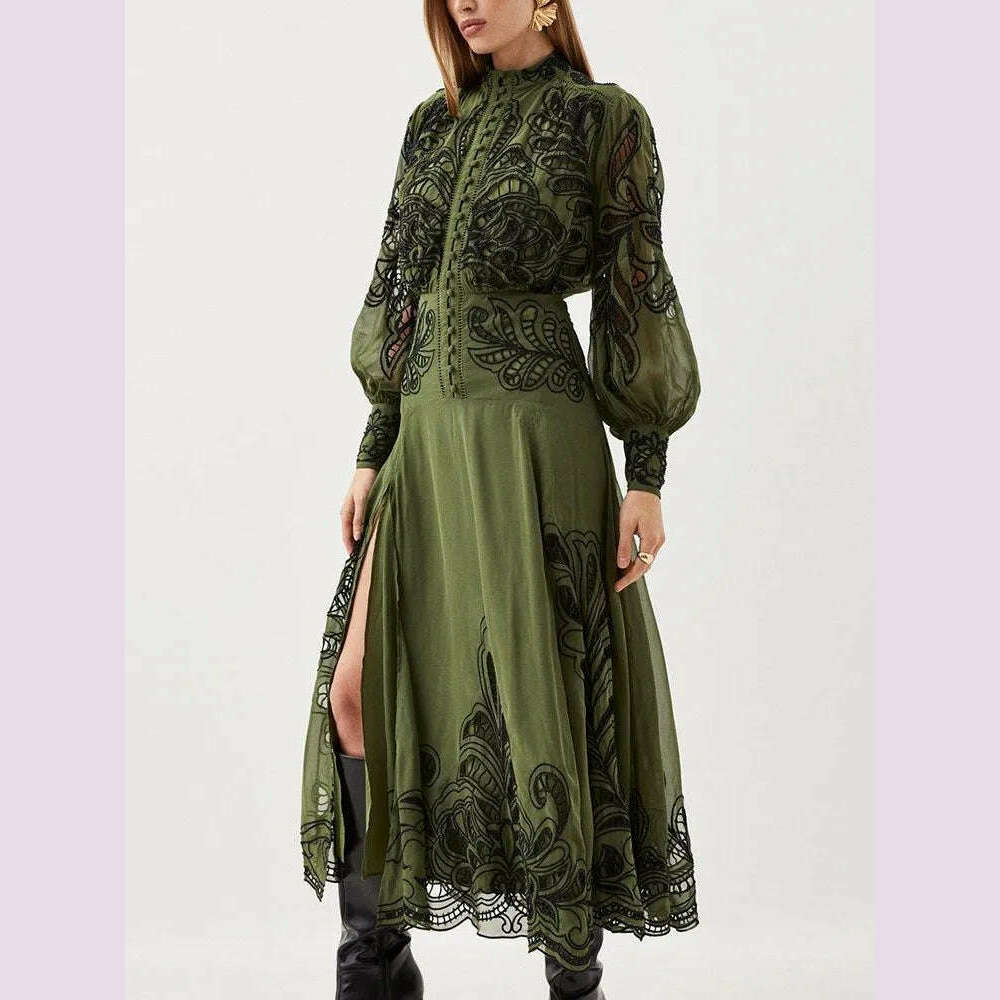 KIMLUD, VGH Patchwork Single Breasted Split Dress For Women Stand Collar Long Sleeve Hollow Out Hit Color Long Dresses Female Fashion, KIMLUD Womens Clothes