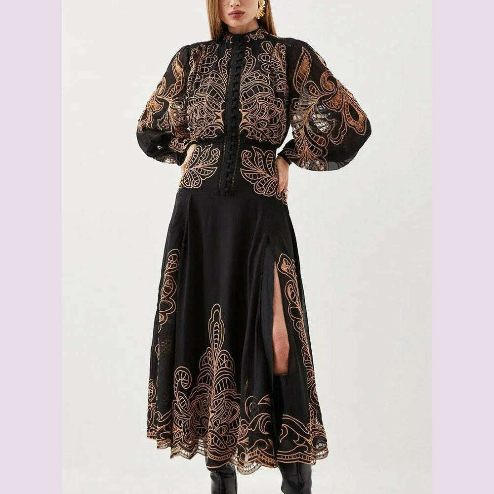 KIMLUD, VGH Patchwork Single Breasted Split Dress For Women Stand Collar Long Sleeve Hollow Out Hit Color Long Dresses Female Fashion, KIMLUD Womens Clothes