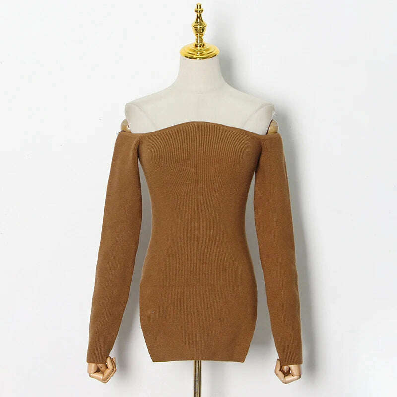 KIMLUD, VGH Plain Slim Long Sleeve Slash Neck Knitting Sweaters For Women Casual Off Shoulder Pullovers Female 2022 Spring Clothing New, KIMLUD Womens ClothesKIMLUD, VGH Plain Slim Long Sleeve Slash Neck Knitting Sweaters For Women Casual Off Shoulder Pullovers Female 2022 Spring Clothing New, COFFEE / M, KIMLUD APPAREL - Womens Clothes