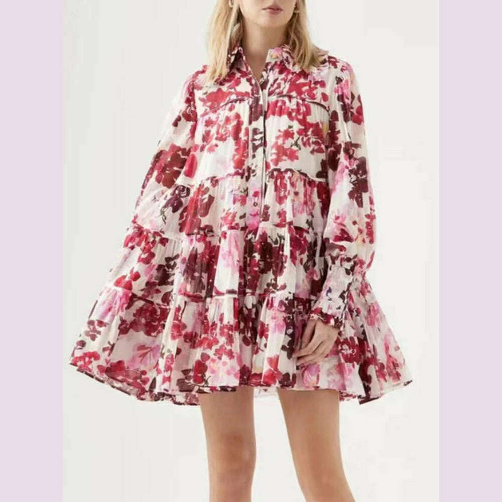 VGH Print Floral Mini Dress For Women Lapel Lantern Sleeve High Waist Colorblock Dresses Female Clothing Summer New Fashion 2022 - KIMLUD