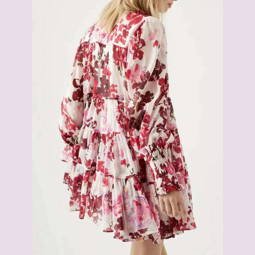 VGH Print Floral Mini Dress For Women Lapel Lantern Sleeve High Waist Colorblock Dresses Female Clothing Summer New Fashion 2022 - KIMLUD