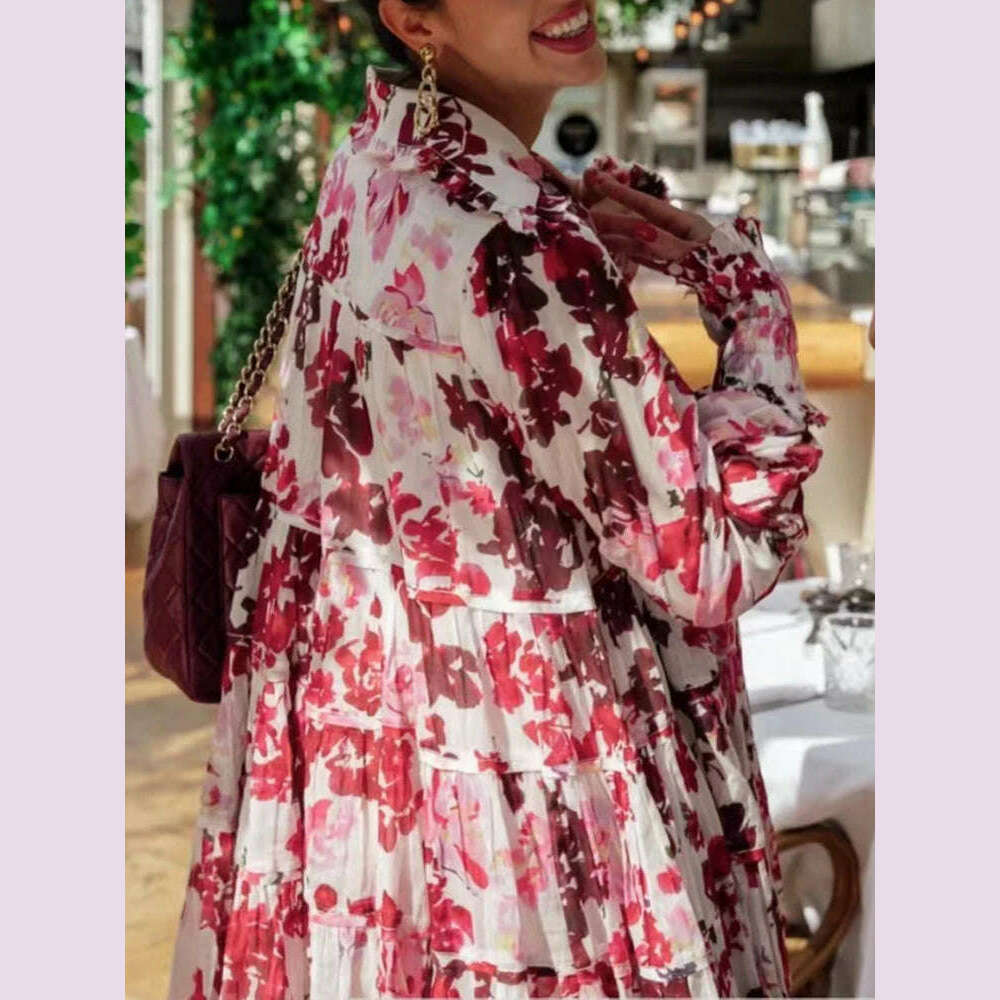 VGH Print Floral Mini Dress For Women Lapel Lantern Sleeve High Waist Colorblock Dresses Female Clothing Summer New Fashion 2022 - KIMLUD