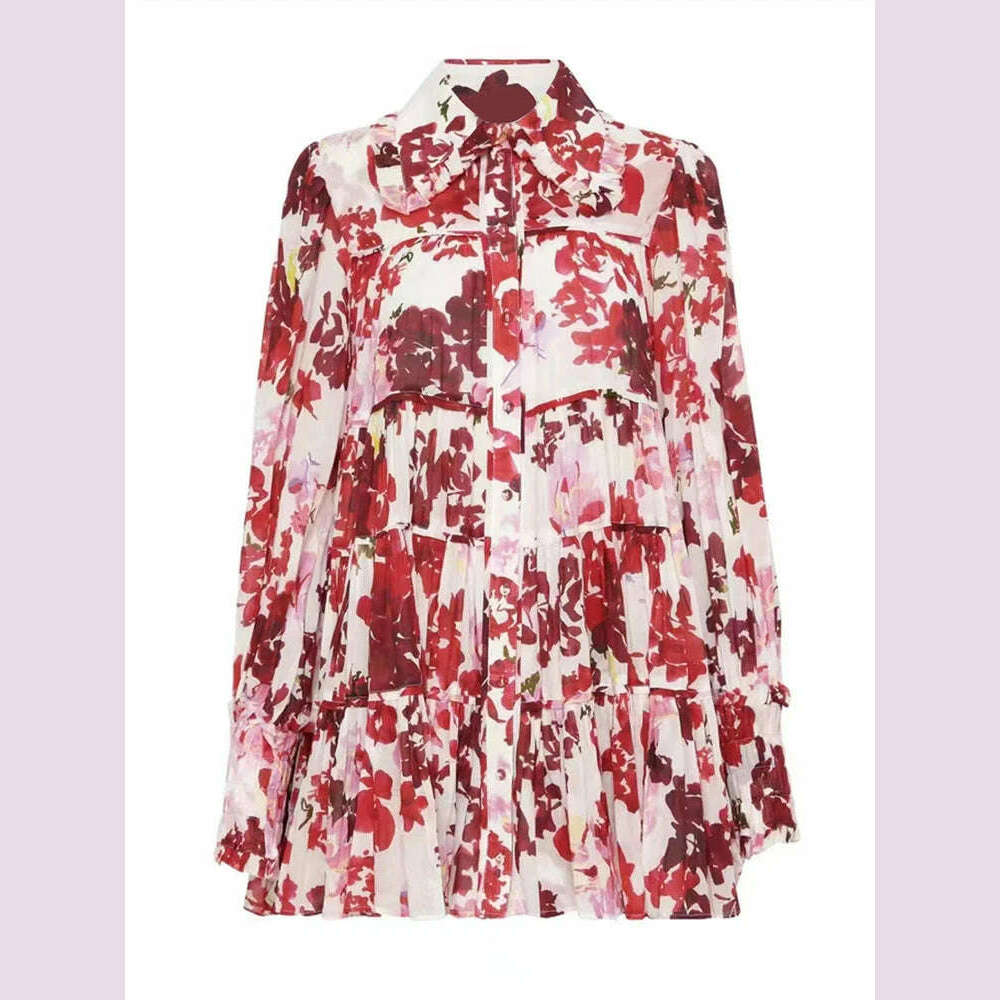 VGH Print Floral Mini Dress For Women Lapel Lantern Sleeve High Waist Colorblock Dresses Female Clothing Summer New Fashion 2022 - KIMLUD