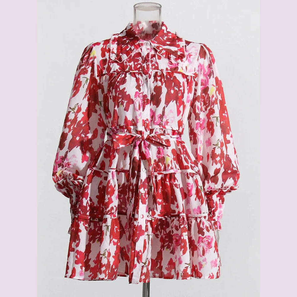 VGH Print Floral Mini Dress For Women Lapel Lantern Sleeve High Waist Colorblock Dresses Female Clothing Summer New Fashion 2022 - KIMLUD