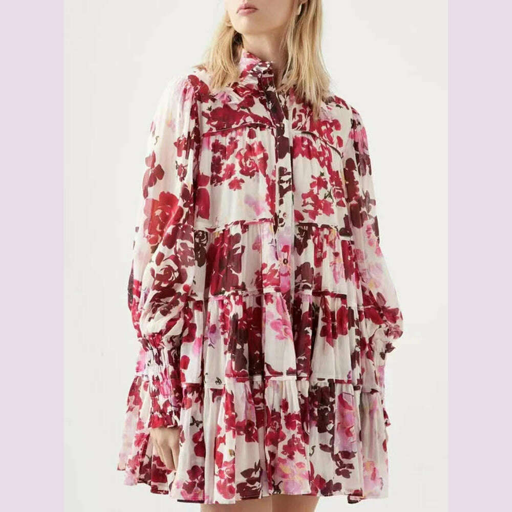 VGH Print Floral Mini Dress For Women Lapel Lantern Sleeve High Waist Colorblock Dresses Female Clothing Summer New Fashion 2022 - KIMLUD