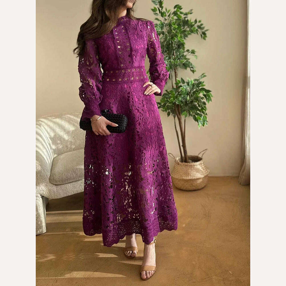 VGH Purple Hollow Out Elegant Dress For Women Round Neck Lantern Sleeve High Waist Embroidery Dresses Female Fashion New 2024 - KIMLUD