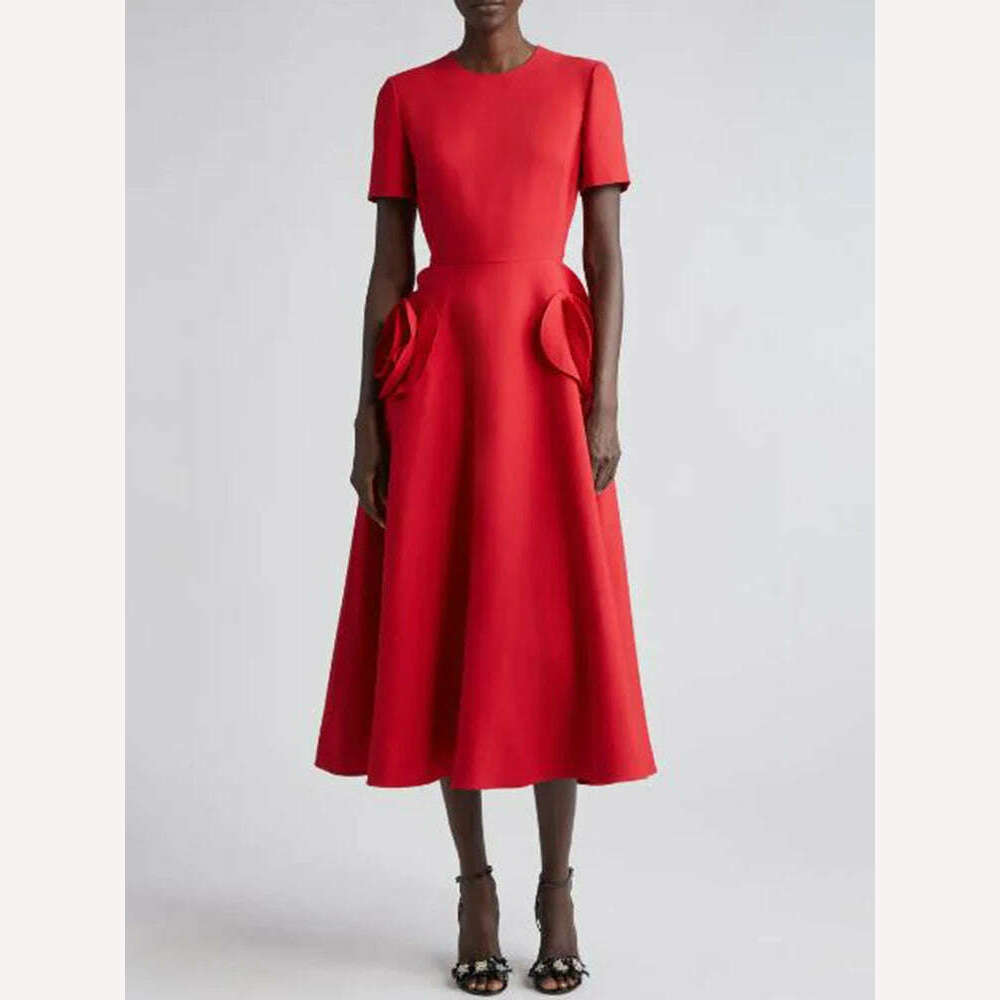 KIMLUD, VGH Red Patchwork Floral Long Dress For Women Round Neck Short Sleeve High Waist Elegant Dresses Female Fashion New Clothing, KIMLUD Womens Clothes