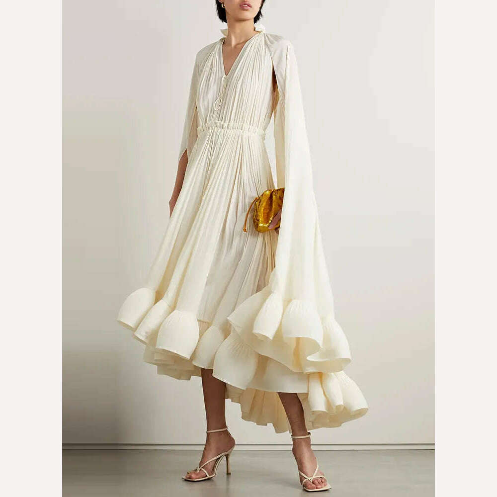 fitted lace wedding dress VGH Ruffles Irregular Solid Dresses For Women V Neck Cloak Sleeves High  Waist Spliced Lace Up Loose Folds Dress Female Summer