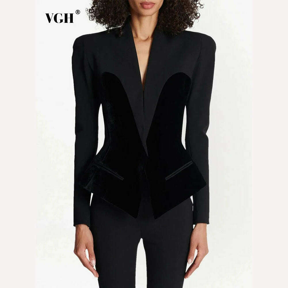 KIMLUD, VGH Soild Patchwork Velvet Blazer For Women Notched Collar Long Sleeve Spliced Pockets Slimming Blazers Female Autumn Clothing, KIMLUD Womens Clothes