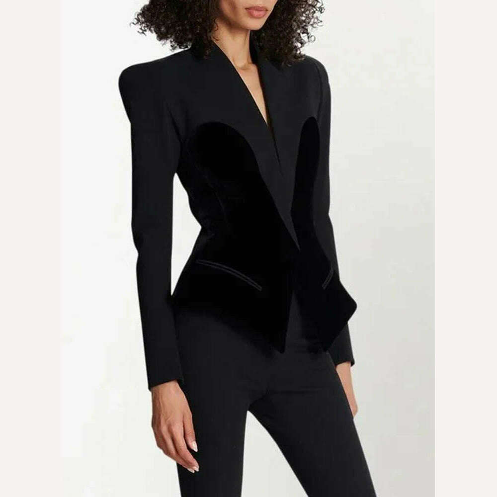 KIMLUD, VGH Soild Patchwork Velvet Blazer For Women Notched Collar Long Sleeve Spliced Pockets Slimming Blazers Female Autumn Clothing, KIMLUD Womens Clothes